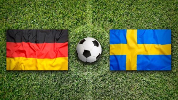 germany vs sweden flags on soccer field picture id648600344